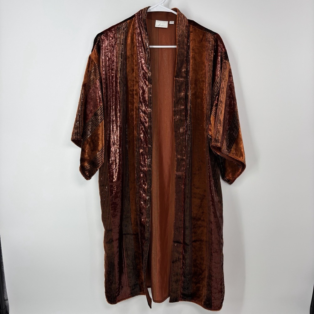 Ett:Twa by Anthropologie Longline Velvet Kimono Cardigan Rust Brown XS/S